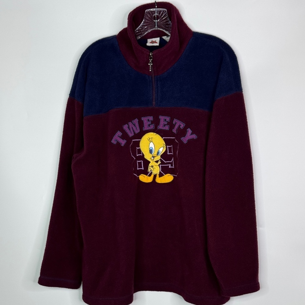 Vintage Looney Tunes Tweety Bird Burgundy 1/4 Zip Fleece Sweatshirt Large